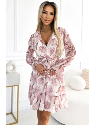 514-1 Šifonové šaty s výstřihem, volánem a páskem - BEACH FLOWERS