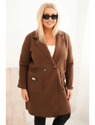 Dámský elegantní kabát Plus Size s límcem a velkými kapsami čokoládový Dámský elegantní kabát Plus Size s límcem a velkými kapsami čokoládový
