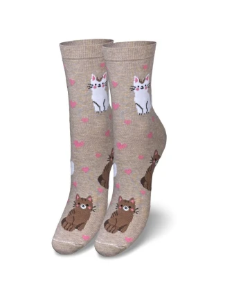 Dámské ponožky s motivem koček a srdcí – béžové