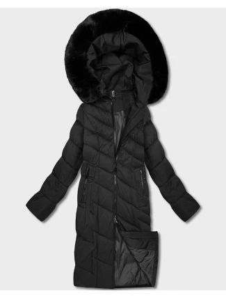 Černá dlouhá dámská bunda s kapucí (7662#-F06)