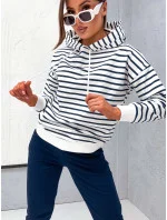 Tmavě modrý bavlněný dámský teplákový komplet s pruhovanou mikinou (82173)