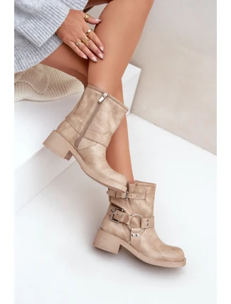 Dámské Kožené Kotníkové Boty Na Nízkém Bloku Podpatku S Pásky Zazoo 3644 Béžové
