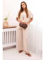 Dámský komplet s volnou halenkou a širokými nohavicemi béžový