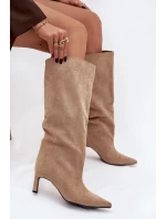 Dámské kozačky z eko semiše na jehlovém podpatku Phelin – béžové