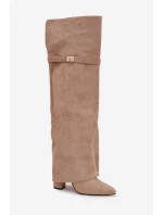 Zateplené kozačky s ohnutým horním dílem nad kolenem s jehlovým podpatkem béžové Serelle