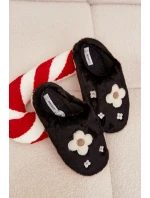 Dámské papuče s kožíškem a květinkami – černé Selinne
