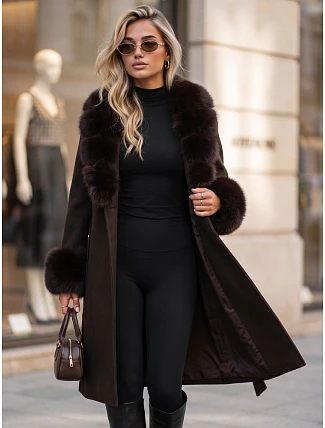Dámský kabát s odnímatelným kožešinovým límcem, hnědý, FashionStreet TY6076 Dámský kabát s odnímatelným kožešinovým límcem, hnědý, FashionStreet TY6076