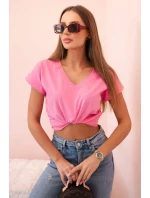 Dámská bavlněná blůza s véčkovým výstřihem a krátkým rukávem světle růžová
