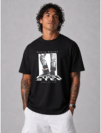 Pánské bavlněné tričko oversize s potiskem černé FashionStreet NX1022R Pánské bavlněné tričko oversize s potiskem černé FashionStreet NX1022R