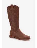 Dámské Kozačky S Mřížkovým Vzorem Na Ploché Podpatku S Barški HY52 534 Hnědé