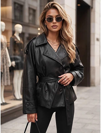 Dámská dvouřadá bunda z ekokůže s páskem, černá, FashionStreet TY5911