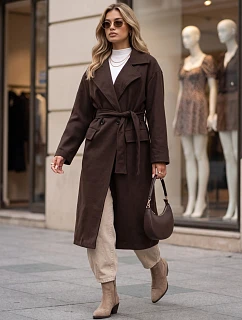 Dámský dvouřadý kabát s páskem, hnědý, FashionStreet NY0785