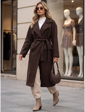 Dámský dvouřadý kabát s páskem, hnědý, FashionStreet NY0785 Dámský dvouřadý kabát s páskem, hnědý, FashionStreet NY0785