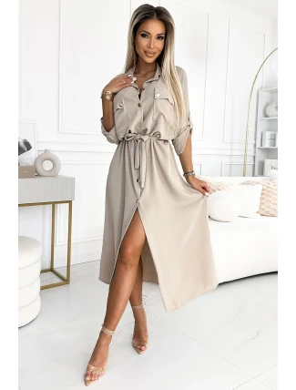 531-1 Midi košilka se zlatými knoflíky a vázáním - BEACH