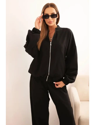 Dámský bavlněný komplet se širokými nohavicemi a zipovou mikinou černý