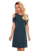 Trapézové dámské šaty v lahvově zelené barvě s volánky na ramenou 359-2 Trapézové dámské šaty v lahvově zelené barvě s volánky na ramenou 359-2