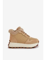 Kožené Sneakersy Trapery Dámské S Kožíškem Na Platformě Big Star OO274A330 Béžové