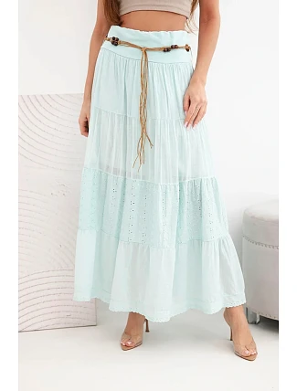 Dámská maxi bavlněná sukně s ažurovým vyšíváním a elastickým pasem mátová