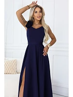 643-4 Elegantní večerní maxi šaty s rozparkem a růžemi - tmavě modré