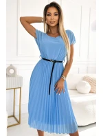 548-2 Plisované midi šaty s černým páskem - MODRÉ 548-2 Plisované midi šaty s černým páskem - MODRÉ