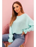 Svetr dámský z mohéru s nařasenými rukávy a výstřihem na zádech mátový Svetr dámský z mohéru s nařasenými rukávy a výstřihem na zádech mátový