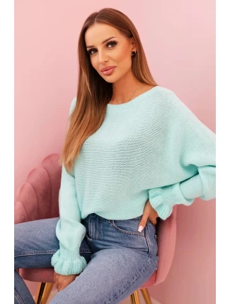 Svetr dámský z mohéru s nařasenými rukávy a výstřihem na zádech mátový Svetr dámský z mohéru s nařasenými rukávy a výstřihem na zádech mátový