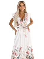 609-1 Saténové maxi šaty s výstřihem a květinovým ombre - elegance v boho stylu