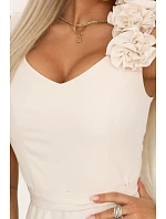 643-3 Elegantní večerní maxi šaty s rozparkem a růžemi - béžové