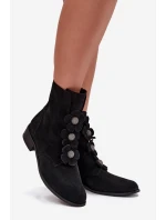 Semišové dámské kotníkové boty Zazoo 3085 černé s ozdobnými květinami