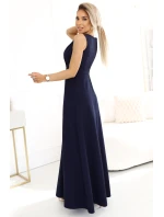634-1 MIRA elegantní maxi šaty s obálkovým výstřihem a rozparkem na nohou - tmavě modré 634-1 MIRA elegantní maxi šaty s obálkovým výstřihem a rozparkem na nohou - tmavě modré