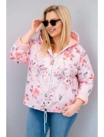Dámská jarní prošívaná bunda Plus Size s kapucí a květinovým vzorem pudrově růžová
