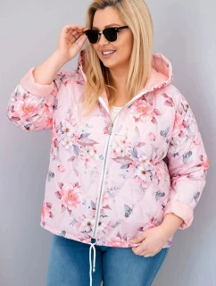 Dámská jarní prošívaná bunda Plus Size s kapucí a květinovým vzorem pudrově růžová