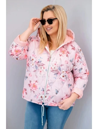 Dámská jarní prošívaná bunda Plus Size s kapucí a květinovým vzorem pudrově růžová