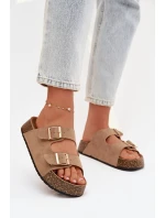 Dámské pantofle na korkové platformě se zlatými sponami tmavě béžové Tovessa