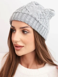 Dámská zimní čepice s vlnou a ozdobným pletením s perličkami K470 světlá šedá