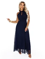 662-3 Elegantní maxi večerní šaty na ramínka s tylem a zavazováním v pase - tmavě modré