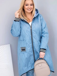 Dámská bunda Plus Size prošívaná s kapucí a sportovními manžetami jeansová