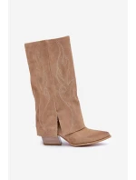 Semišové Kozačky Do Poloviny Lýtka S Otočeným Svrškem Na Podpatku Béžové Zazoo 3487