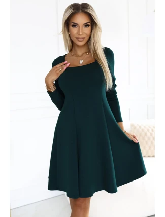 574-1 IVANA pohodlné trapézové šaty s výstřihem a dlouhými rukávy - BOTTLE GREEN