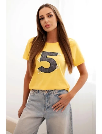 Dámská bavlněná blůza s krátkým rukávem a nášivkou s perlami žlutá Dámská bavlněná blůza s krátkým rukávem a nášivkou s perlami žlutá