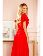 LIDIA - Dlouhé červené dámské šaty s volánky a dekoltem 310-2