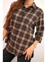 Dámská kostkovaná bavlněná košile s delším zadním dílem hnědá + camelový Dámská kostkovaná bavlněná košile s delším zadním dílem hnědá + camelový