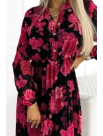 449-2 CARLA Plisované midi šaty s knoflíky a dlouhými rukávy - ČERNÁ S ČERVENÝMI RŮŽEMI 449-2 CARLA Plisované midi šaty s knoflíky a dlouhými rukávy - ČERNÁ S ČERVENÝMI RŮŽEMI