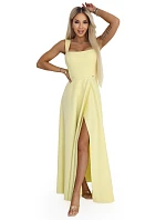 633-3 AURELIA dlouhé svatební šaty s rozparkem a výstřihem typu caro - máslově žluté s třpytkami