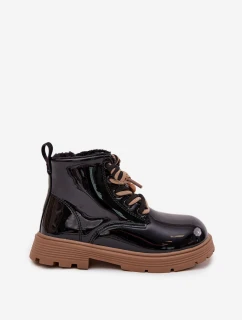 Zateplené dětské lakované kotníkové boty s přezkou medvěd černé Jovellea