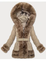 Tmavě béžová elegantní bunda pro přechodné období s kožešinou S'West (B8526-12)