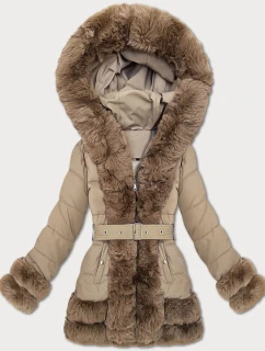 Tmavě béžová elegantní bunda pro přechodné období s kožešinou S'West (B8526-12)