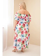 Dámské Plus Size maxi šaty s volánem, odhalenými rameny a elastickým pasem fuchsiové