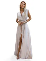 509-2 Elegantní dlouhé šaty s několika vazbami - béžové se třpytkami