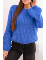Svetr dámský z mohairu s bufkovými rukávy tmavě džínový Svetr dámský z mohairu s bufkovými rukávy tmavě džínový